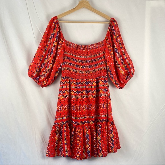 A. Calin By Flying Tomato Bohemian Smocked Tiered Bubble Puff Sleeve Dress Large - Picture 2 of 16